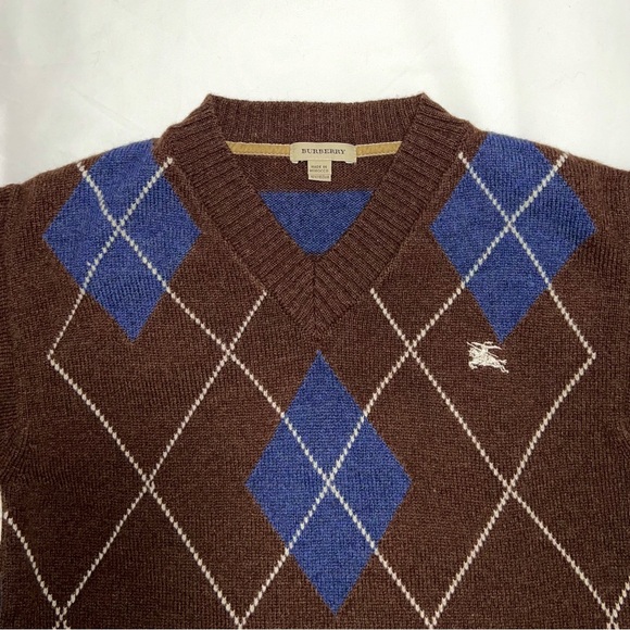 Burberry Youth Argyle V-Neck Sweater Cotton Brown Blue Diamond Striped Size 12Y - Picture 11 of 13
